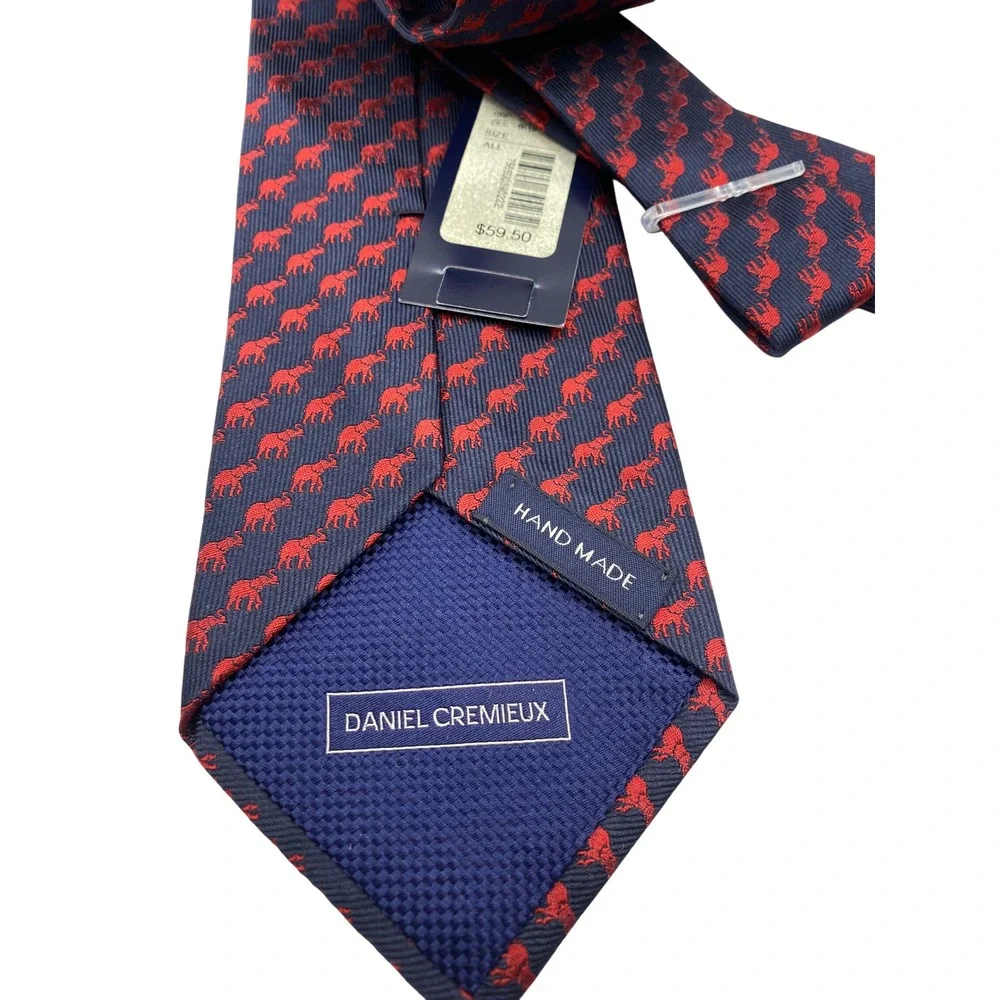 DANIEL CREMIEUX Mens Navy Blue Red‎ Elephant Print Silk Necktie Handmade USA NWT